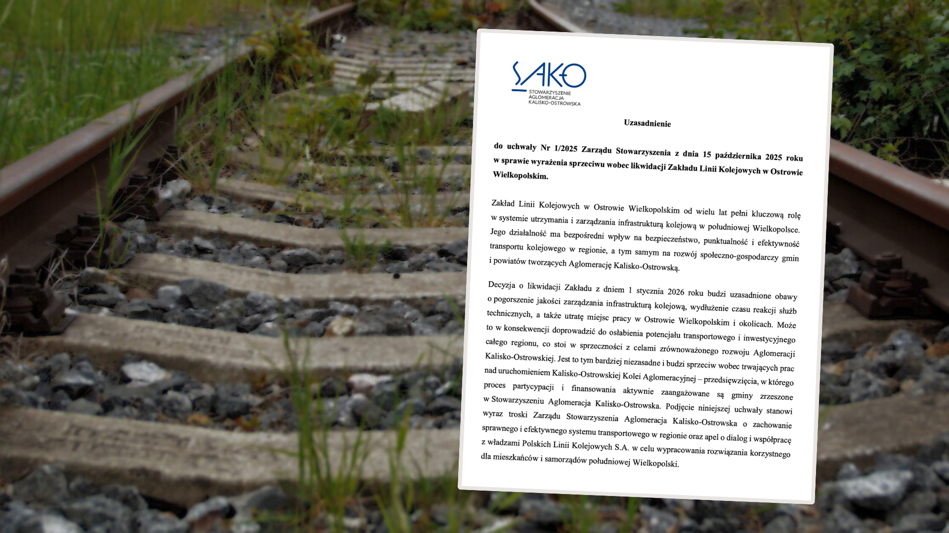 Aglomeracja Kalisko-Ostrowska przeciwko likwidacji Zakładu Linii Kolejowych